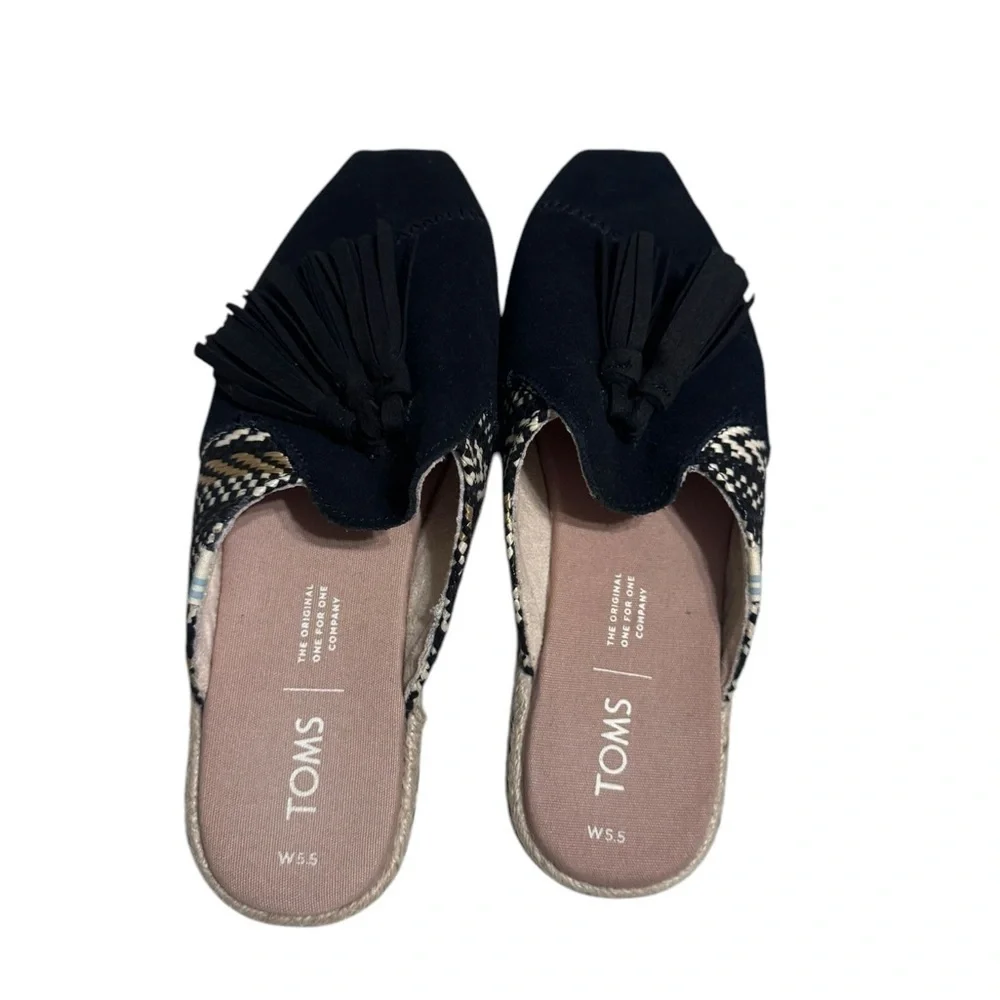 Toms Nova Espadrille Slides Black Suede Tassel Size 5.5 ws1